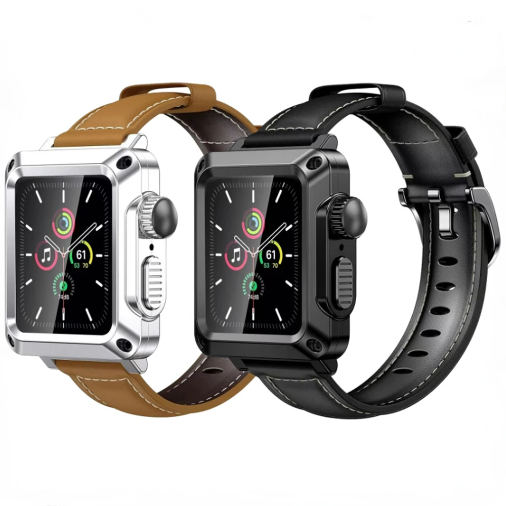 

Leather Strap + Metal Case for Apple Watch Serise 6 5 4 SE 44mm 40mm 2 in 1 Drop-proof Glass Case for iWatch 3 2 42mm 38mm Strap