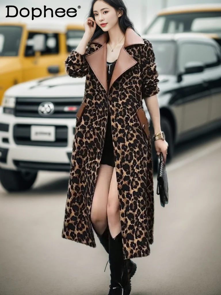 

Autumn and Winter Dignified Goddess Long Coat Women Leopard Print Sexy Office Lady High-End Trench Coat Winter Clothes Female