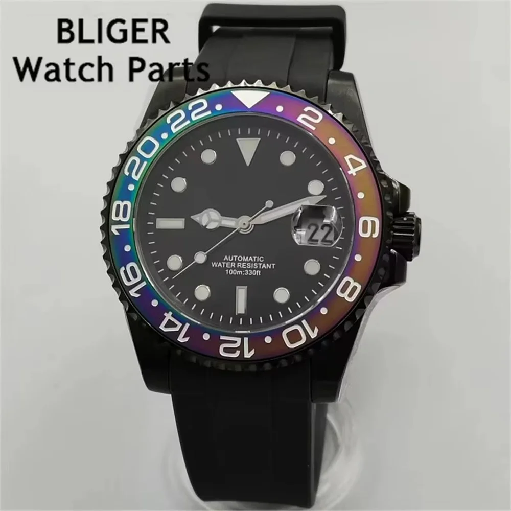 BLIGER 40mm NH35A Automatic Men Watch Black Watch Sapphire Glass Screw Crown Green Luminous Rubber Bracelet