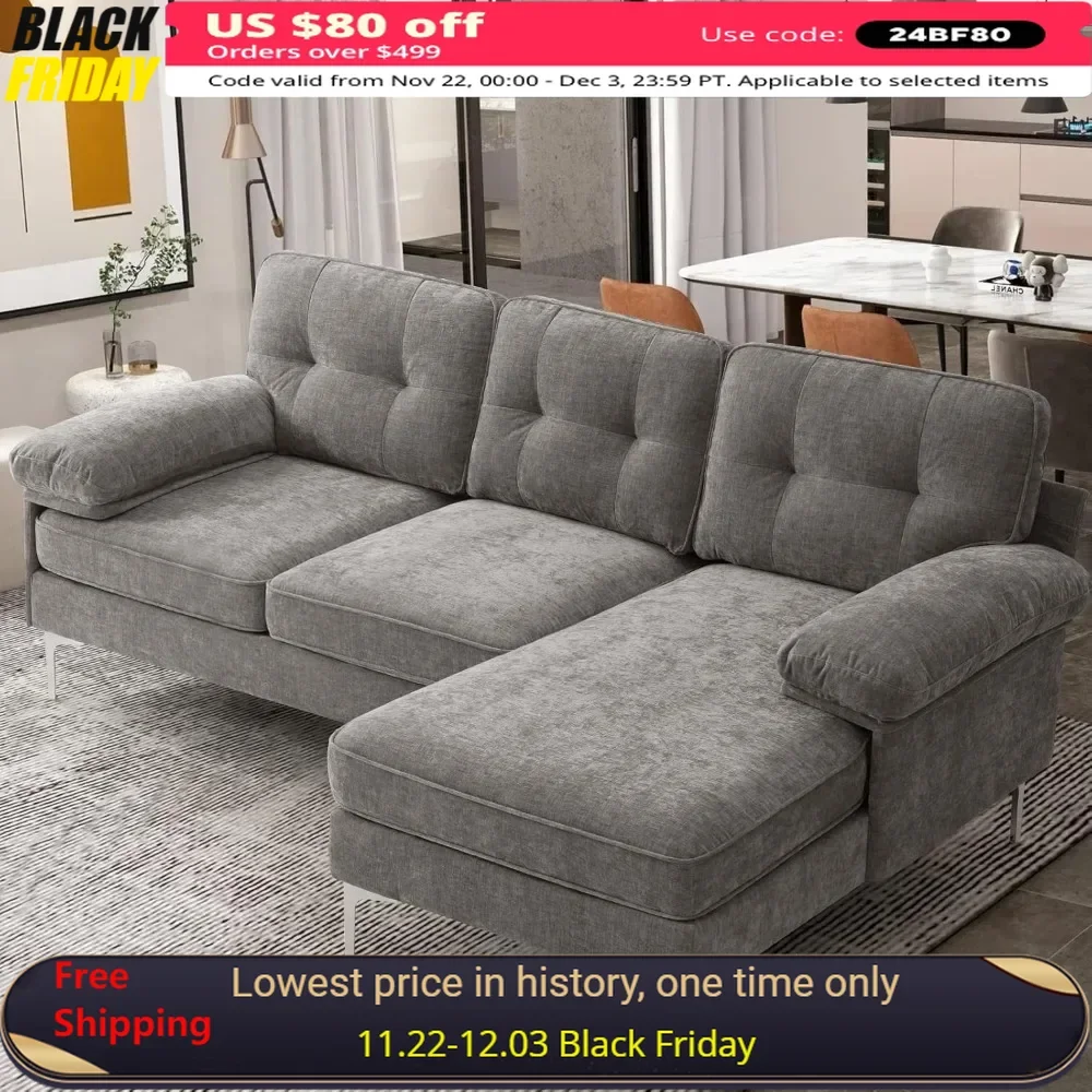 

Sofa with Reversible Chaise Lounge Convertible Sectional Sofa Couch 82" L-Shape Chenille Modern Couch