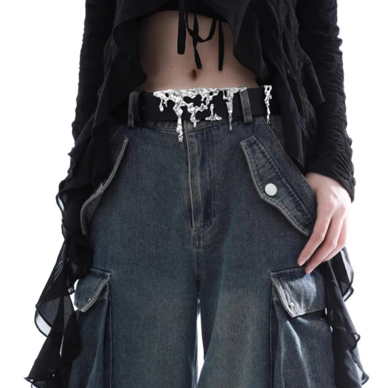 Europeu e americano em relevo móvel prata metal cinto feminino moda cem casaco cinto escuro tempero jeans embelezado cinto