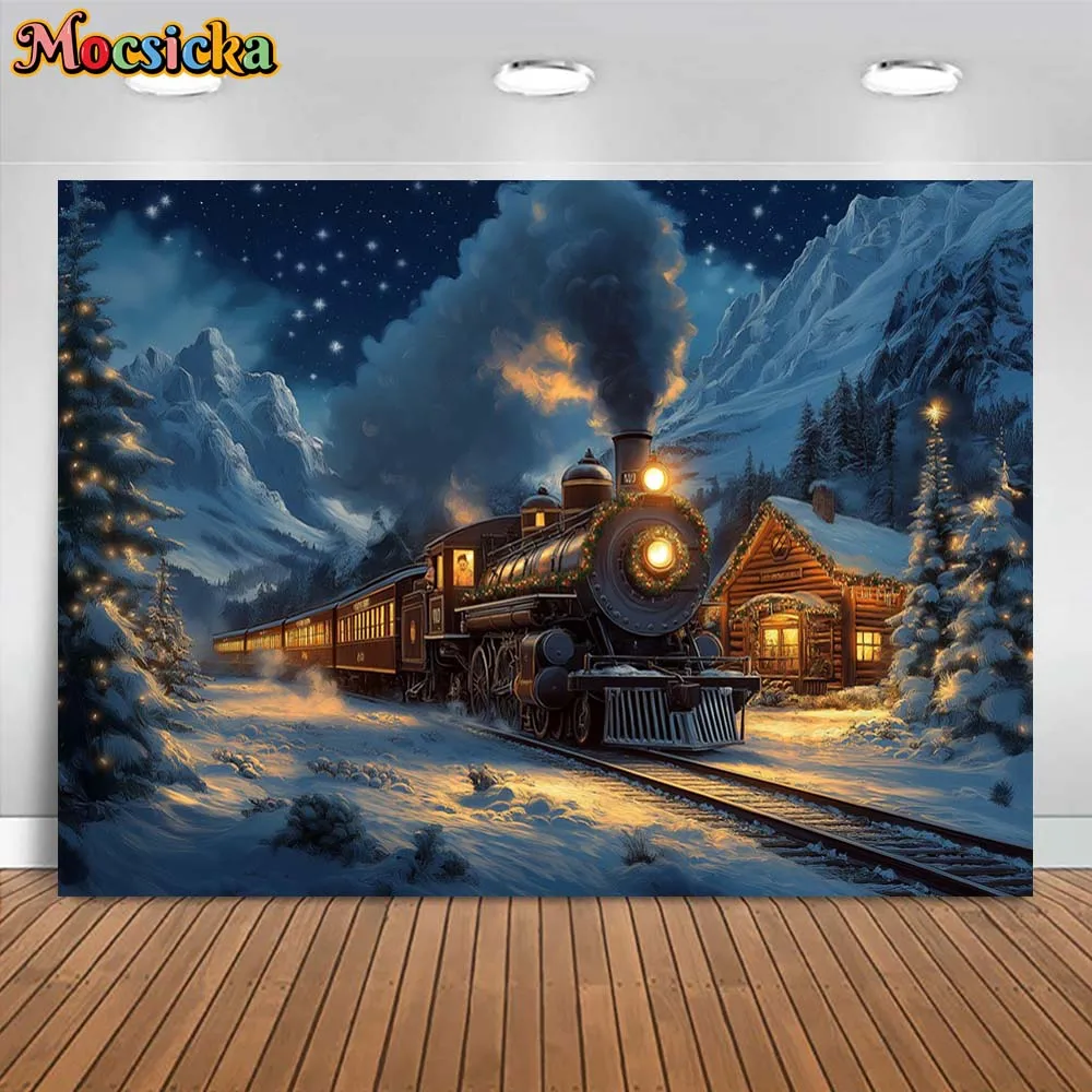خلفية تصوير Mocsicka ، غابة شتوية ، قطار عتيق ، ثلج ، منزل خشبي ، شجرة عيد الميلاد ، خلفية ، استوديو تصوير ، مستلزمات تصوير