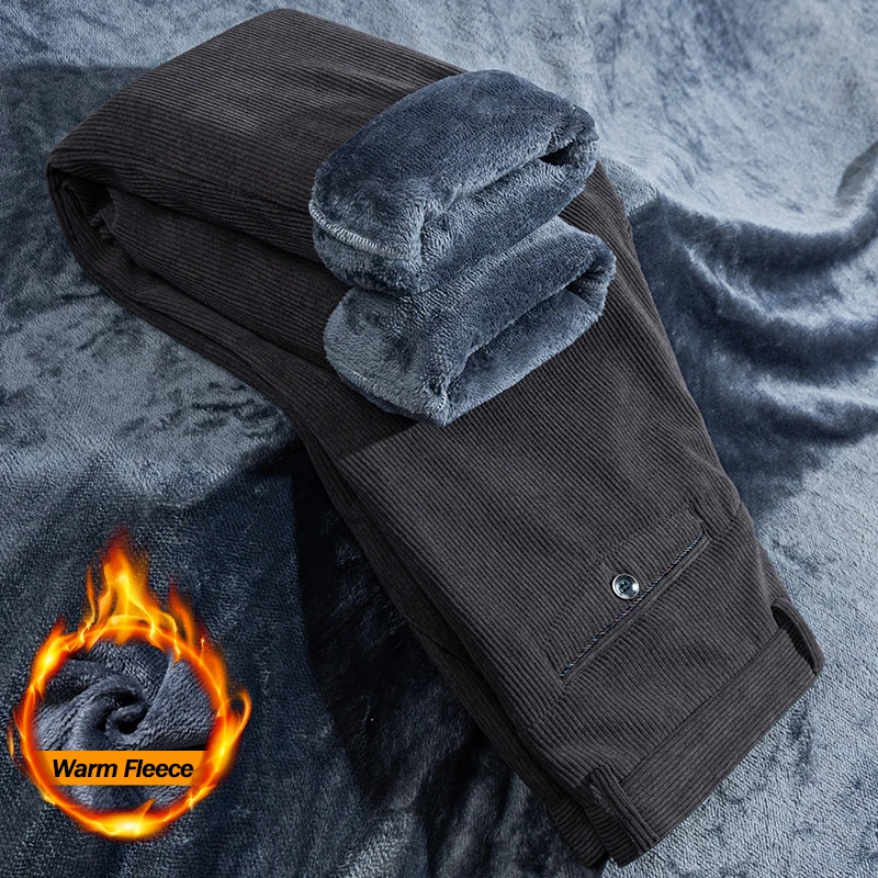 

Corduroy Fleece Warm Casual Pants Men's Winter Thick Loose Business Straight Plush Velvet Trousers High Quality Thermal Clothes