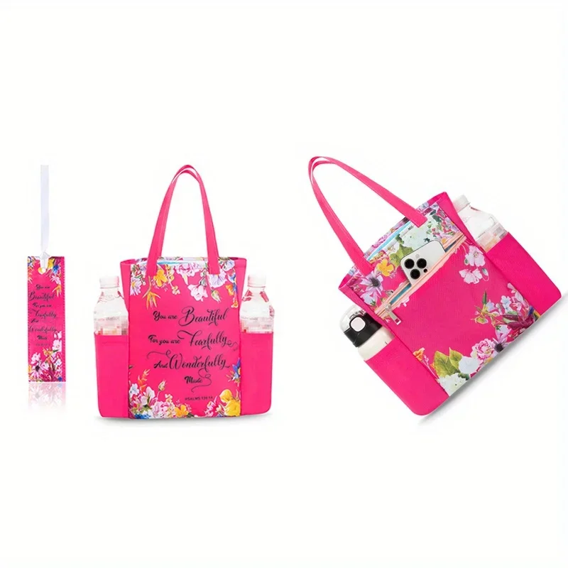 حقيبة حمل مطبوعة ملونة، متعددة الأقسام وجيب جانبي للأكواب، حقيبة يد للتسوق والسفر #4