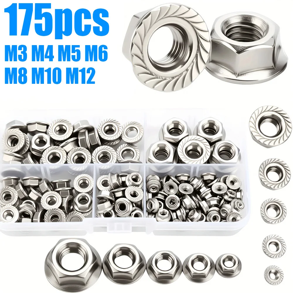 

175-piece set of flange nuts M3M4M5M6M8M10M12, stainless steel flange nuts, machine parts, home repair, outdoor construction.