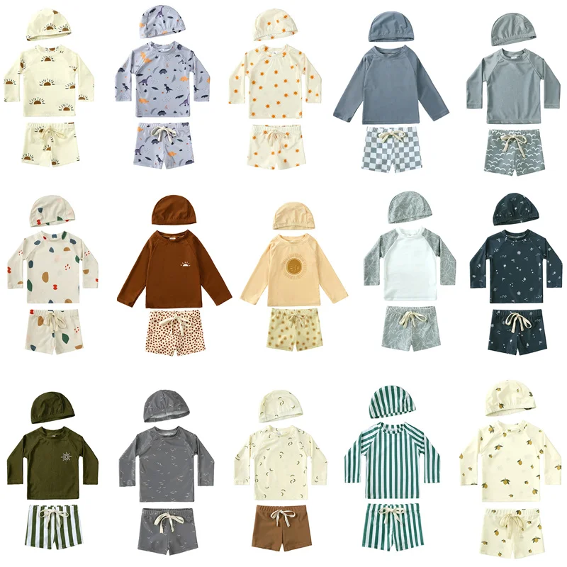 New 2026 Boy Swimsuit Printed Long Sleeve Girl Boy Swimwear Cartoon Children Two Pieces Bathing Suit Beachwear Monokini
