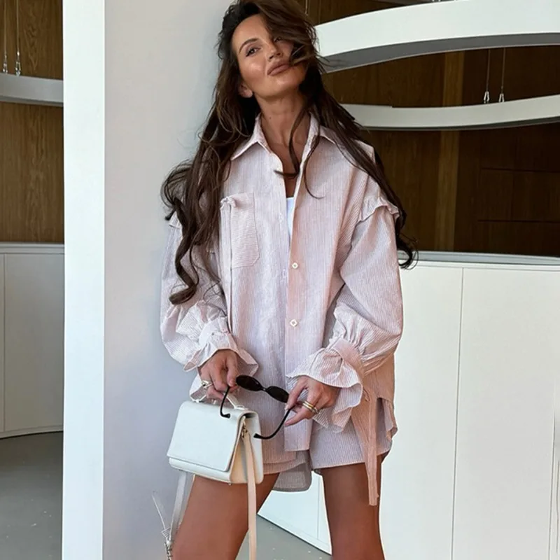 

Tuularose Striped Ruffle Shorts Set Casual Contrast Lace-up Shirt Top Loose Short Sets Vintage Fashion Office Women's Shorts Set