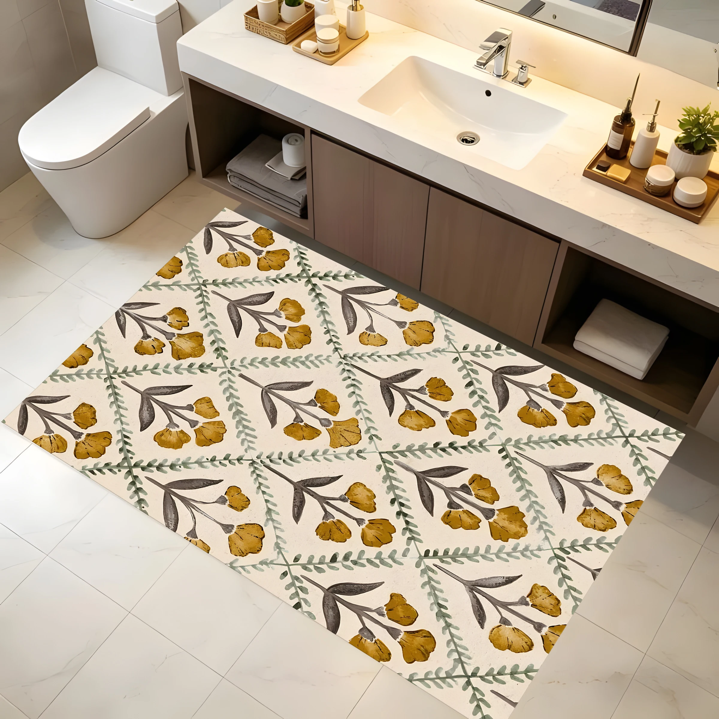 2D Carpet with Retro Warm Yellow Floral Branch Pattern in Light French Pastoral Style for Living Room and Bedroom