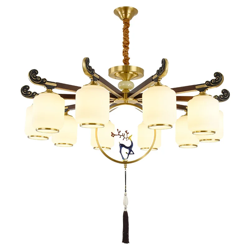 

New Chinese style, chandelier, Chinese style, zen, villa, living room lamp, all copper, atmosphere, dining room