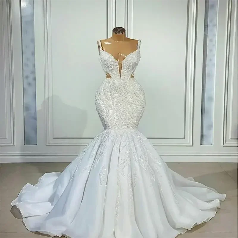 

Customized Sweetheart Applique Beads Mermaid Wedding Dress Vestido De Noiva Sweep Train Spaghetti Strap Split Side Bridal Gown