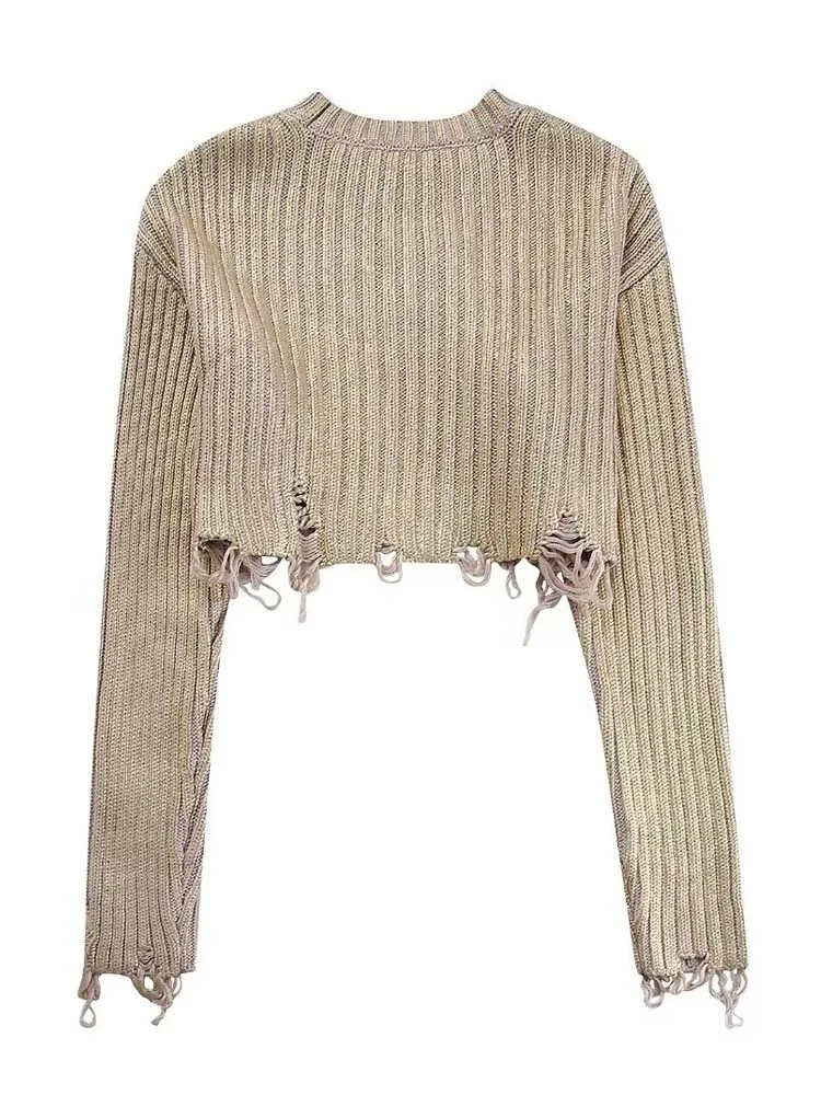 INKEO-suéter de punto brillante para mujer, jersey de manga larga en color gris y dorado, tops con adornos, prendas de punto, 4T007, primavera y otoño, 2024