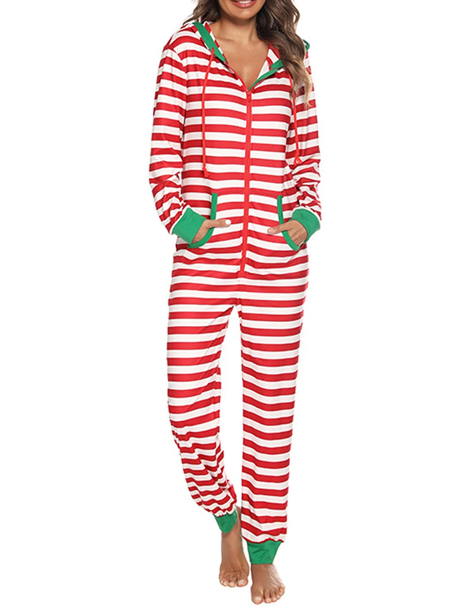 Women s Christmas Pajamas Jumpsuit Stripe Warm Long Rompers Sleepwear Zipper Drawstring Hooded Playsuits Loungewear