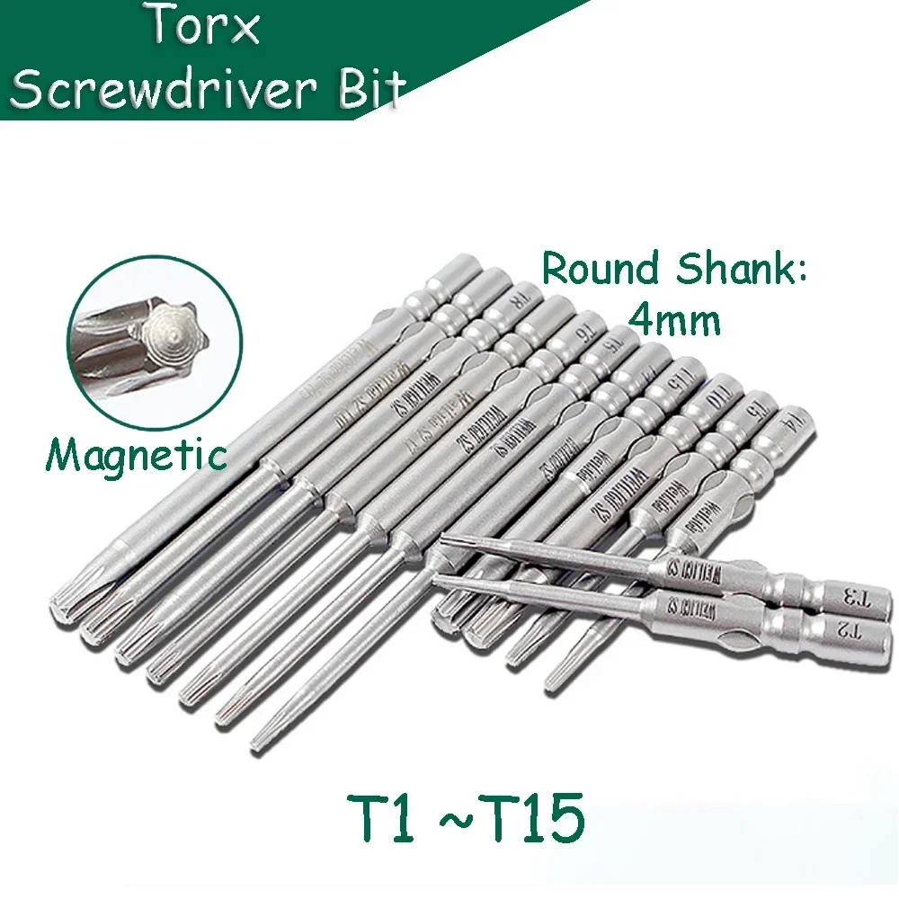 

Torx Screwdriver Bit T1 - T15 Magnetic 4mm Round Shank S2 Steel 40/60/80/100mm Length Electric Batch Head Repair Wrench Bits