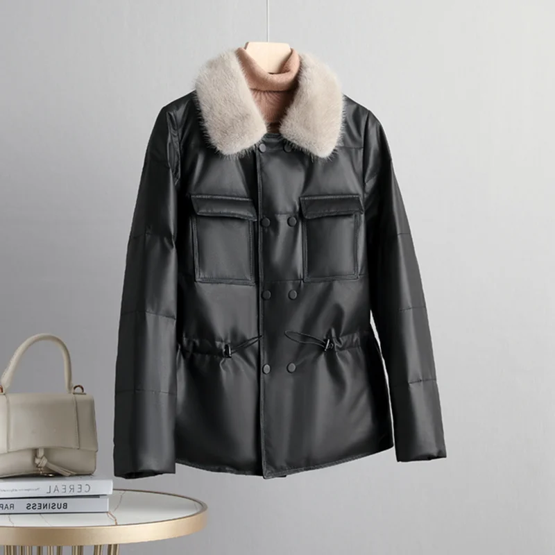 

2023 Women's Down Jacket Winter Genuine Sheepskin Leather Jacket Women Real Mink Fur Collar Coat Lederjacke Damen 1222