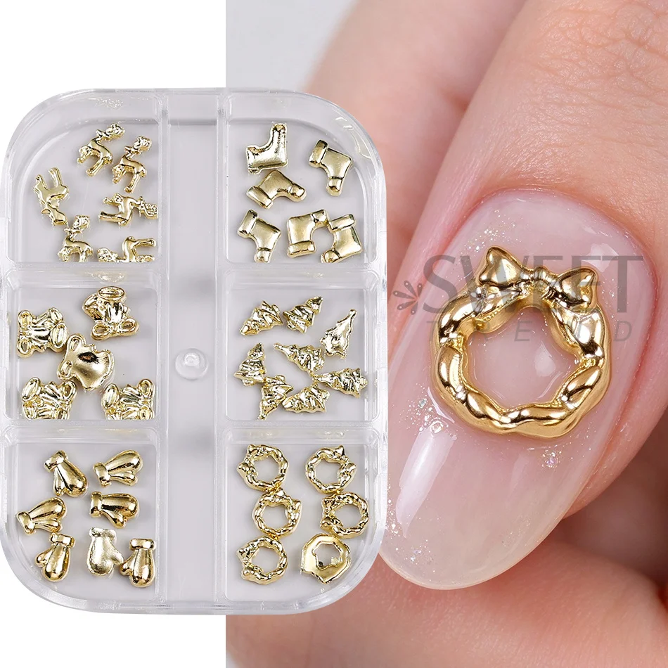 3 boxes Christmas Metal Nail Charms Mixed Elk Xmas Tree Bow Sock Wreath Nail Art Decor Nail Ornaments DIY Manicure Accessories