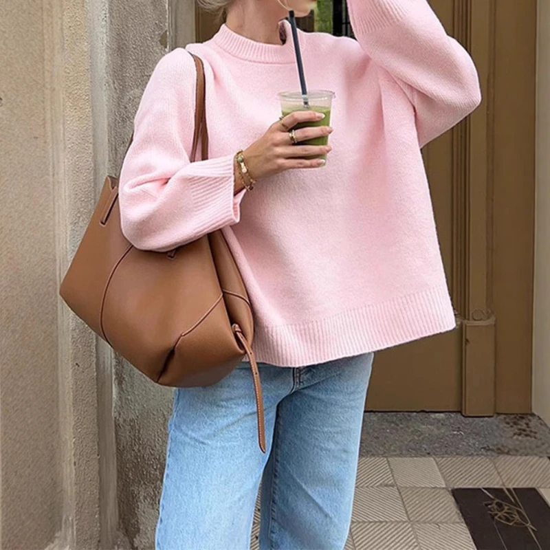 

Autumn Winter O Neck Pink Solid Sweater Women Basic Loose Knitted Pullover Women Knitwear Jumper Soft Warm Tops Casual Fashion
