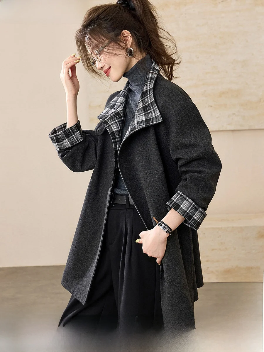

Mehaimei, осенне-зимнее клетчатое пальто с поясом, воротник-стойка, галстук-бабочка, искусственная двухсекционная верхняя одежда, корейский свободный крой