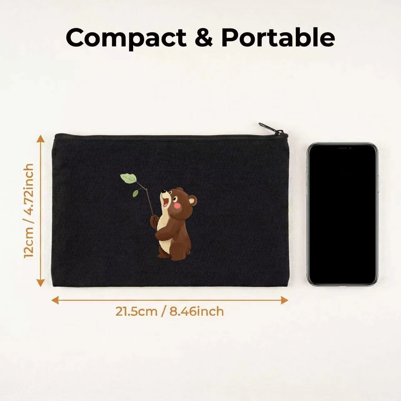 1PC Cute Brown Bear Holding Leaf Branch Cartoon Canvas Cosmetic Bag Double Sided Portable Travel Zipper Pouch