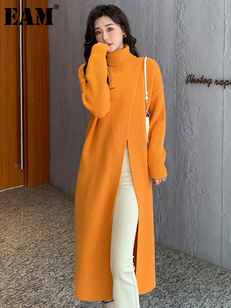 [EAM] Women Orange Knitting Long Slit Big Size Dress New Turtleneck Long Sleeve Loose Fit Fashion Spring Autumn 2025 1DE5886