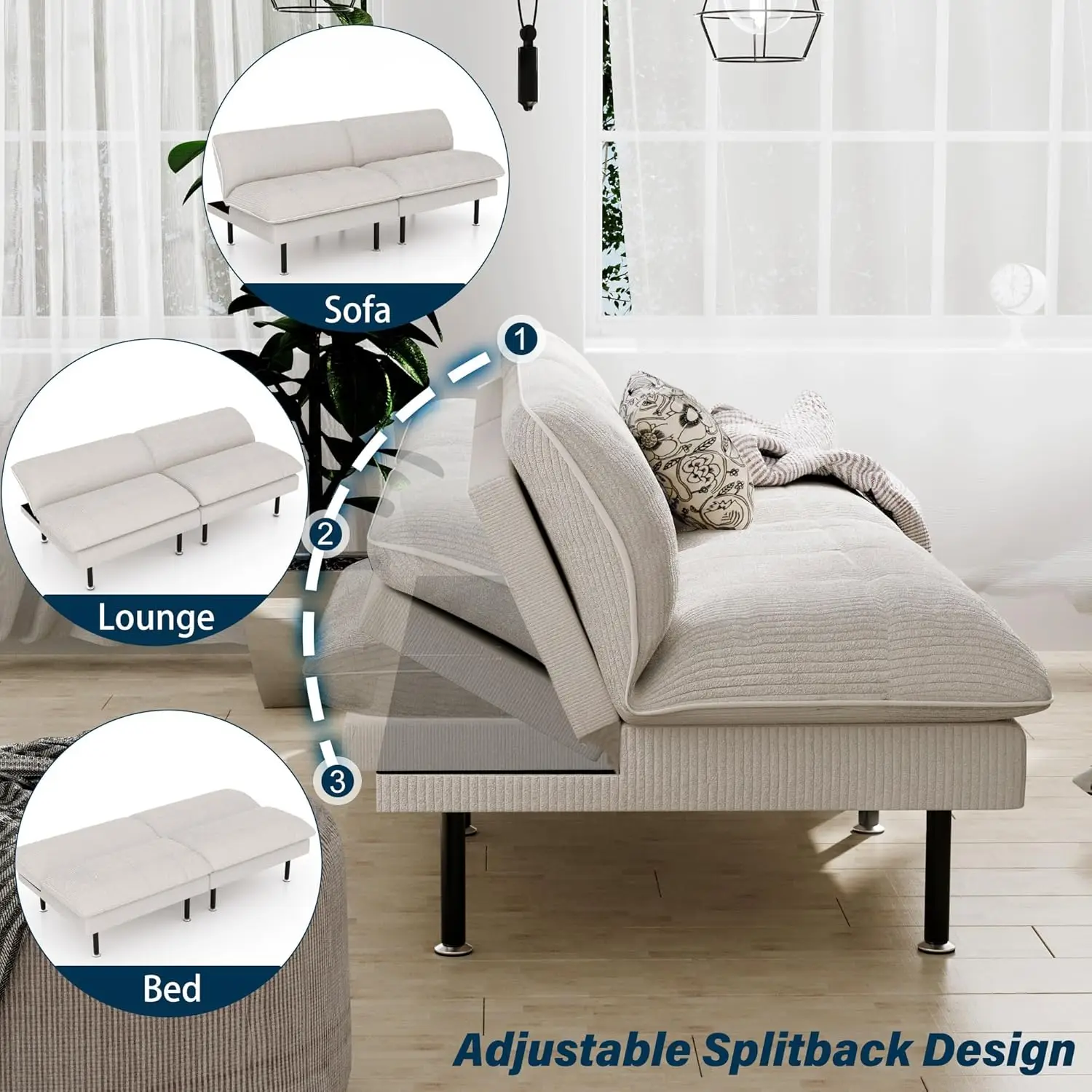 70" Futon Sofa Bed, 4 in 1 Multi-Function Couch Sleeper with Adjustable Backrest, Modern Convertible Futon,