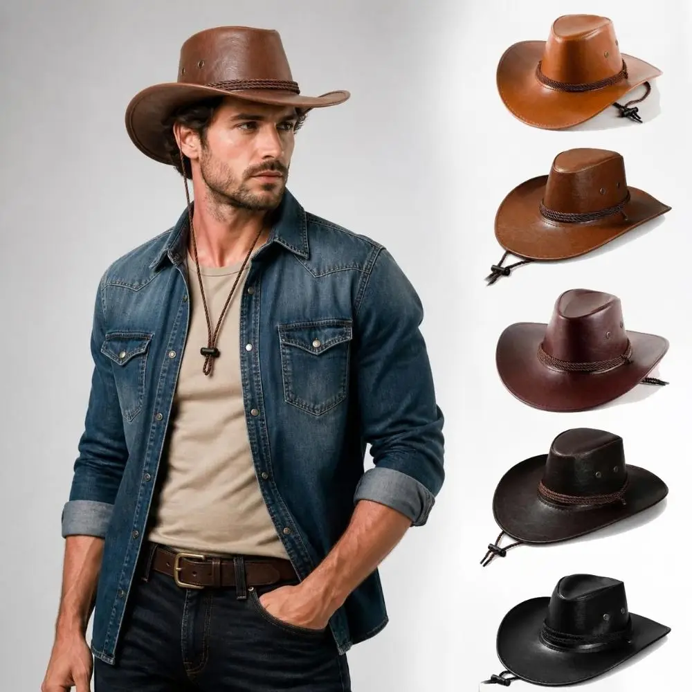Wide Curved Brim Western Cowboy Hat Men`s Cap Wind Lanyard Faux Leather Hat Classic Cowgirl Hat Outdoor Travel Fedora Sun Hat