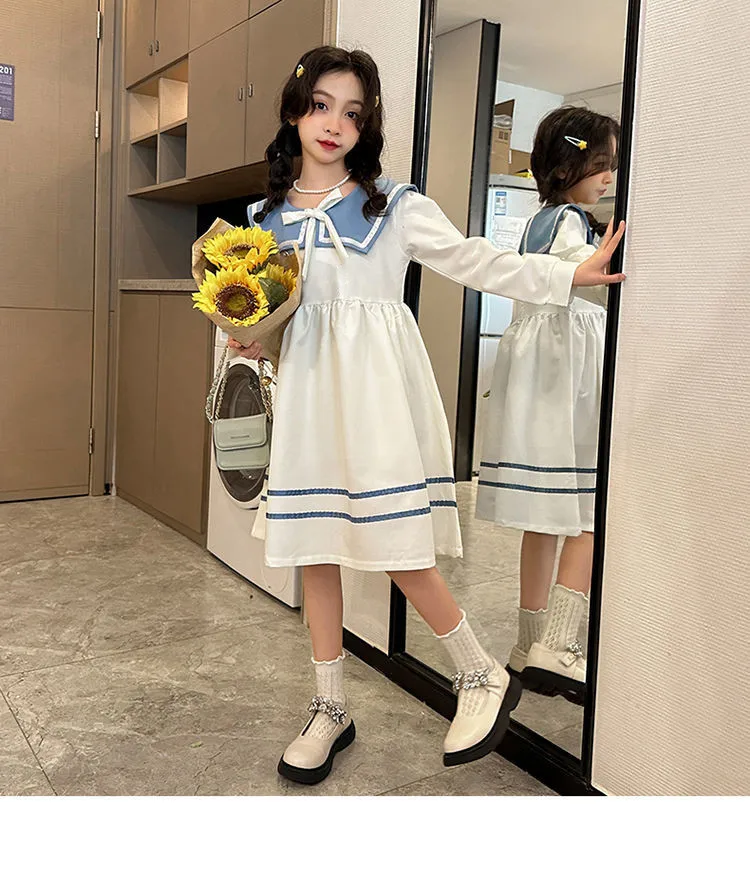 2024 autunno inverno New retro Girls Cotton Sailor Collar bow Teens a-line striped JK Dress Baby Clothes Toddler da 8 a 10 12 anni