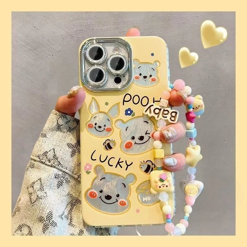 くまのプーさんのかわいいスマホケース iPhone16pro/16ProMax/15/15Pro用 レンズフィルム付き 高級感