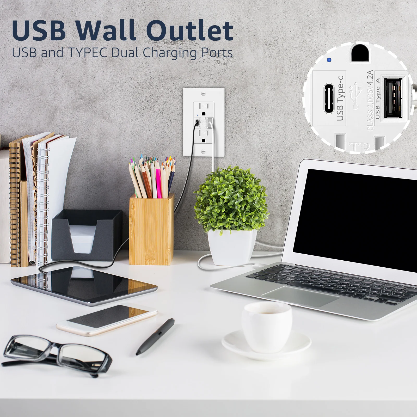 NineLeaf 4.2/5.8A Wall Dual USB พอร์ตประเภท C Outlet Tamper Resistant ซ็อกเก็ตสำหรับ Apple Samsung XIAOMI Huawei อุปกรณ์ใช้