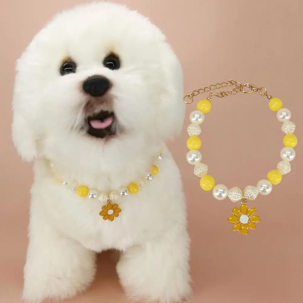 Dog Necklace Collar Colorful Beads Flower Pendant Puppy Neckchain Adjustable Buckle Non-Slip Faux Pearl Pet Jewelry Collar