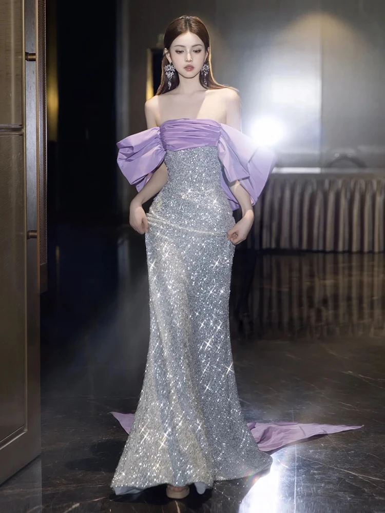 

One-oulder Wedding Dr Sparkling Sequin Evening Light Luxury Unique Dr Bridal Par Performance Long Polyester Fiber