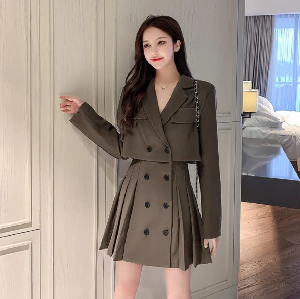 2023 New Style High Street Womens Fashion Cute Elegant Office Lady Double Breasted Button Notched Mini Blazer Dress