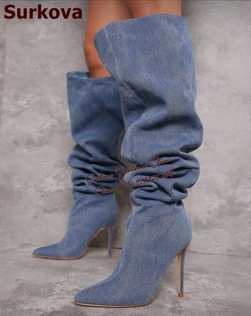 Surkova Blue Denim Folded Slouchy Boots Stiletto Heels Pointed Toe Pleated Long Boots Autumn Winter Dress Shoes Elegant Footwear
