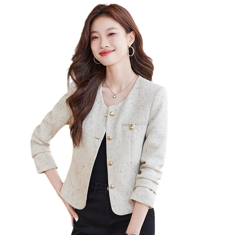 

Women's coarse woolen 1 piece jacket 2024 new style small fragrance spring autumn round neck short solid color top