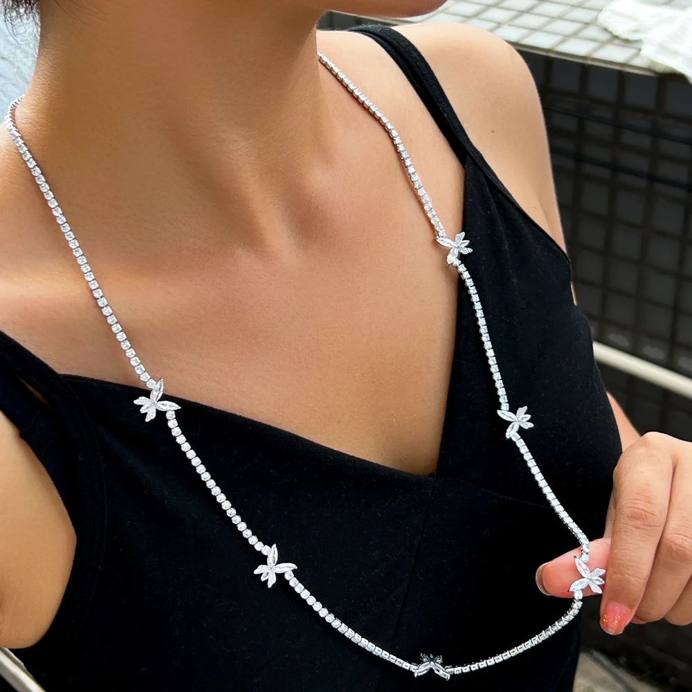 CWWZircons 82cm Shiny Cubic Zirconia Paved Long Tennis Chain Butterfly Sweater Necklace for Women Engagement Party Jewelry CP126