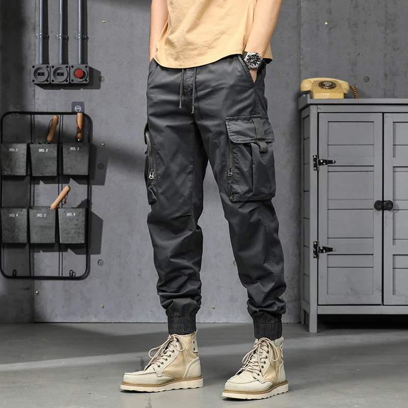 Men's Versatile Casual Multi Pocket Workwear Pants Ankle Tied Loose Fit Trendy Brand Solid Color Summer Thin Version