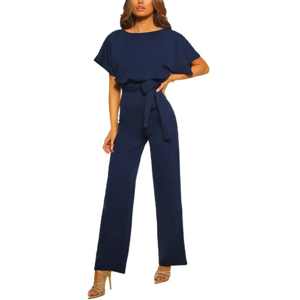 Elegant Ladies Jumpsuit Business Style Playsuit Round Neck Women Solid Color Straight Leg Romper  Slim