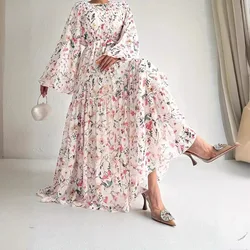 Muslim Dress Women Lace-up Casual  Kaftan Chiffon Flower Dress for Women Elegante Temperament Abaya Dubai Islam Clothes Vestidos