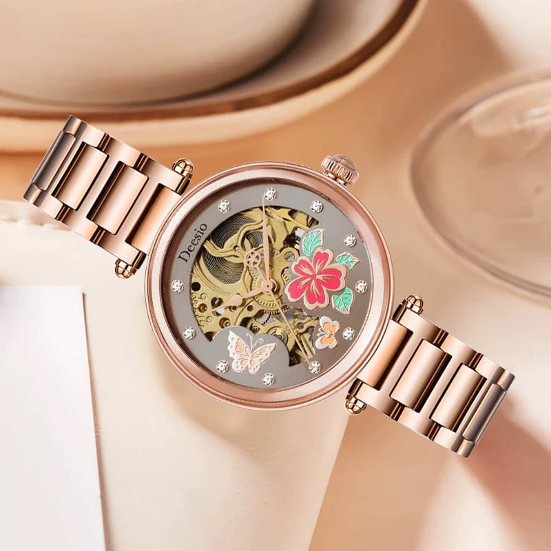 Deesio Brand Design Luxury Women Automatic Mechanical Watches Stainless Steel GMT Watch Top Brand Hollow Sapphire Glass reloj