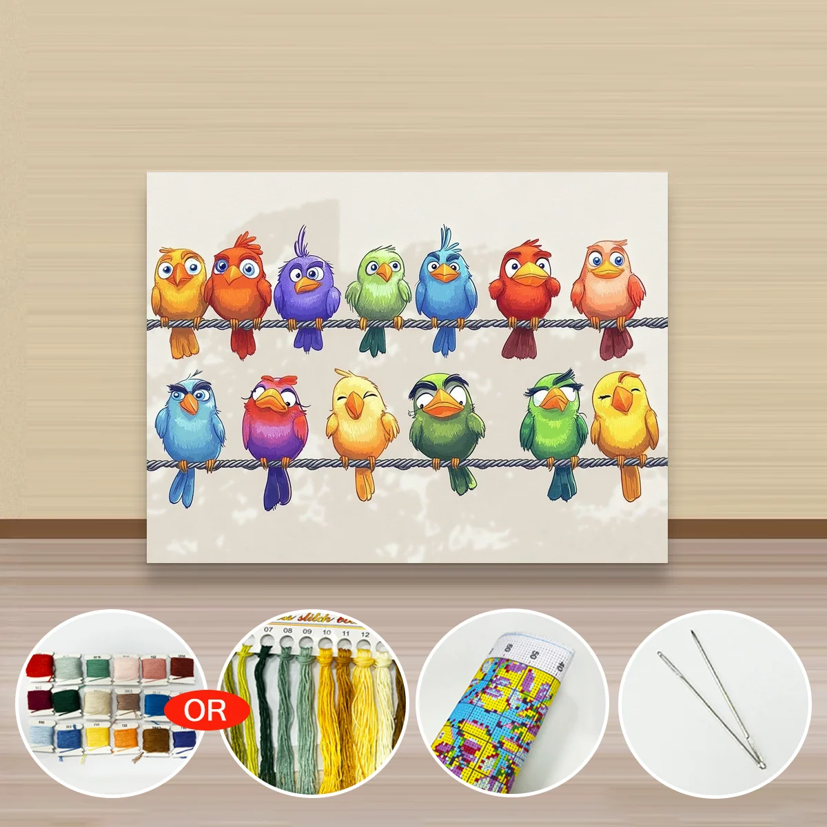 1 Stück 30x40cm/11,8x15,7 Zoll, 11Ct/14Ct Kreuzstich-Set, DIY Valentinstagsgeschenk, Stickerei-Set für Festlichkeiten, Bunte Vögel auf Draht – Detail 2