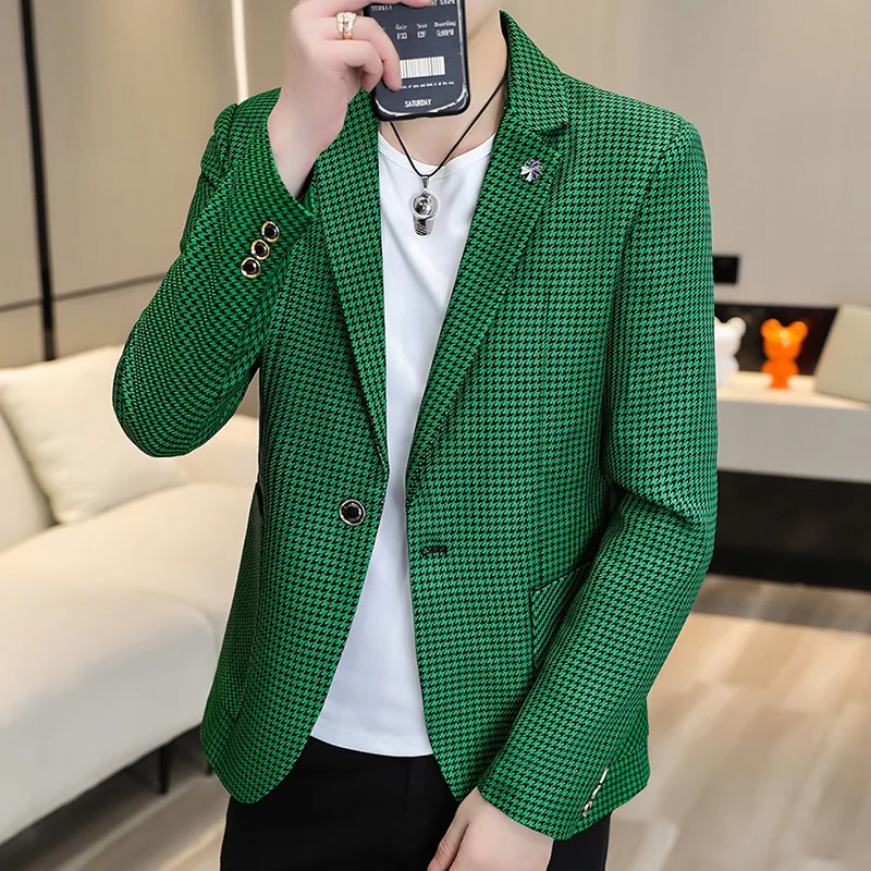 2024 British Suit Men Spring Autumn Thousand Birds Checkered Plankton Handsome Small Suit Clothes Men's High-end Casual Coat