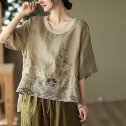 T-shirt in lino di cotone ricamato da donna autunno 2024 o-collo allentato Pullover a mezza manica Hanfu abiti tradizionali cinesi