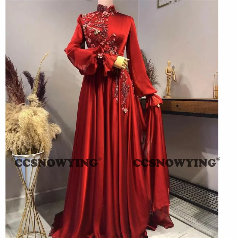 

Chiffon Appliques Muslim Evening Dresses Islamic Full Sleeve Hijab Women Formal Party Gown Arabic Dubai A Line Robe De Soiree