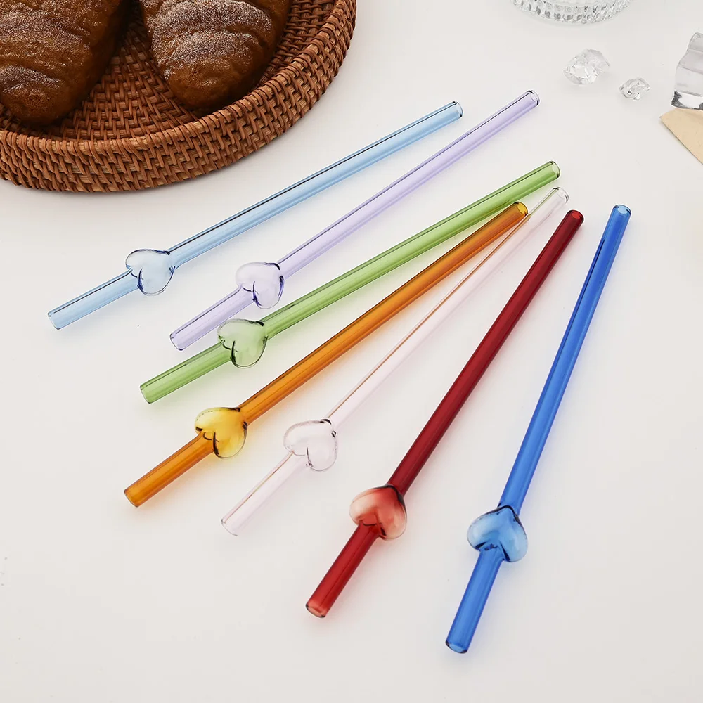 5Pcs 8mm Glass Straw, Reusable Drinking Straws Cute Heart Heat-Resistant Straw For Festival Party Wedding Cocktail Bar Beachs
