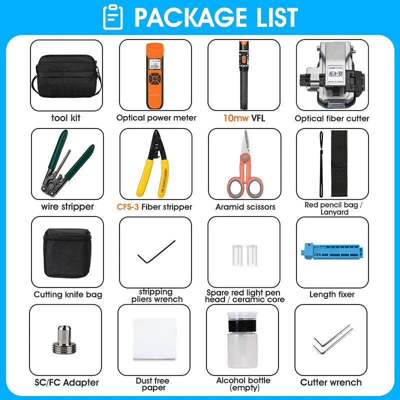 FTTH Fiber Optic Tool Kit with AUA-X9 Fiber Cleaver -70~+10dBm/-50~+26dBm G10 Optical Power Meter 10mw Visual Fault Locator