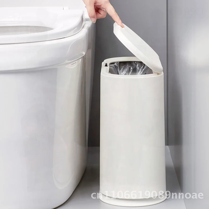 

Japanese-Style Double-Layer Large Trash Can with Lid Push-Type Opening And Closing Paper Basket Plastic Garbage Can White/Gray