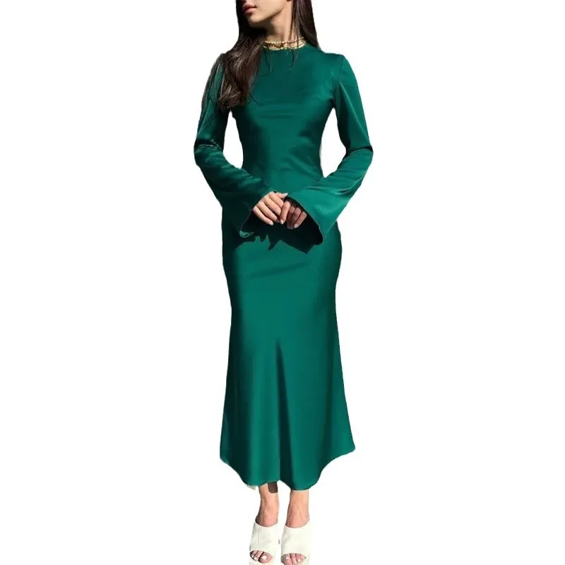 1PCS Fashion Tossy Satin Fashion Slim Maxi Dress For Women Long Sleeve High Waist Elegant Party Dress Casual Luxury Ladies Dress