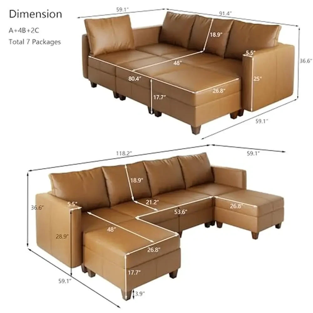 Sectional Couch U Shaped Modular Sofa Brown Faux Leather Convertible Seat Cushions Storage & Widened Armrest High Resilience