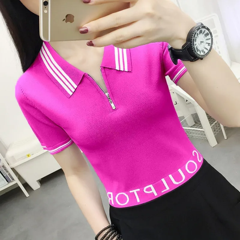 Women\'s Turn-down Collar Solid Color Summer Striped Short Sleeve Zipper Sweater Knitted Clothing T-shirt Casual Colorful Tops