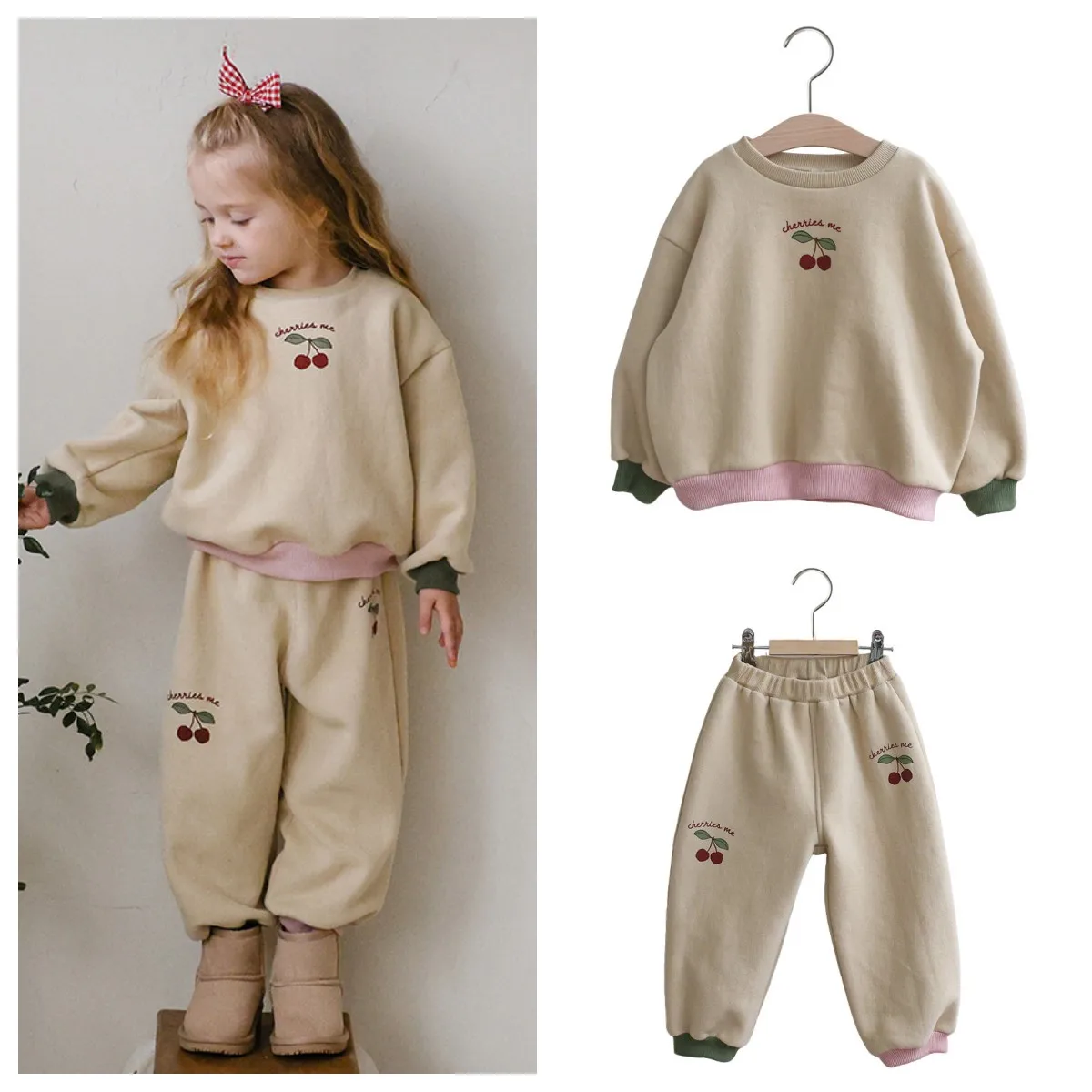

Winter Children's Girl Cherry Printed Crew Neck Loose Long Sleeve Fleece Sweater and Pants Two Piece Set