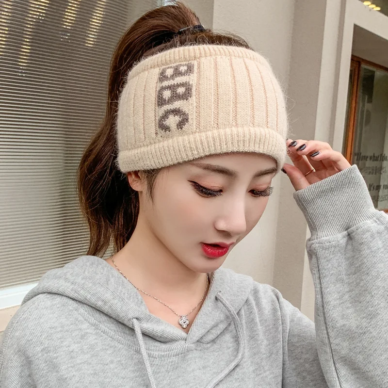 Autumn and Winter Knitted Woolen Hat Sports Wrap Hat Hollow Top Hat Ponytail Hat Soft Fabric Hairband Pullover Hat